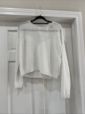 Express White Open-Knit Slightly Cropped Sweater- open upper back - Crewneck